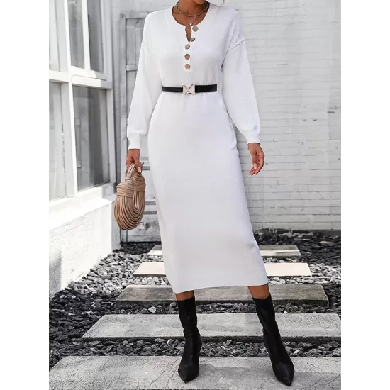 Buttoned Split-Joint Long Sleeves Loose Round-Neck Sweater Dresses Midi Dresses Buttoned Split-Joint Long Sleeves Loose Round-Neck Sweater Dresses Midi Dresses