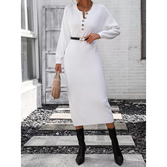 Buttoned Split-Joint Long Sleeves Loose Round-Neck Sweater Dresses Midi Dresses Buttoned Split-Joint Long Sleeves Loose Round-Neck Sweater Dresses Midi Dresses