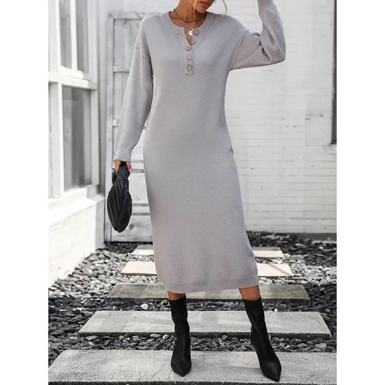 Buttoned Split-Joint Long Sleeves Loose Round-Neck Sweater Dresses Midi Dresses Buttoned Split-Joint Long Sleeves Loose Round-Neck Sweater Dresses Midi Dresses