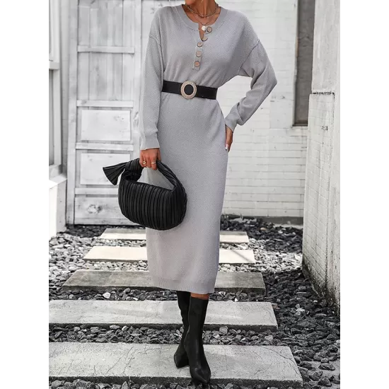 Buttoned Split-Joint Long Sleeves Loose Round-Neck Sweater Dresses Midi Dresses Buttoned Split-Joint Long Sleeves Loose Round-Neck Sweater Dresses Midi Dresses
