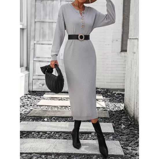 Buttoned Split-Joint Long Sleeves Loose Round-Neck Sweater Dresses Midi Dresses Buttoned Split-Joint Long Sleeves Loose Round-Neck Sweater Dresses Midi Dresses