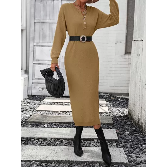 Buttoned Split-Joint Long Sleeves Loose Round-Neck Sweater Dresses Midi Dresses Buttoned Split-Joint Long Sleeves Loose Round-Neck Sweater Dresses Midi Dresses
