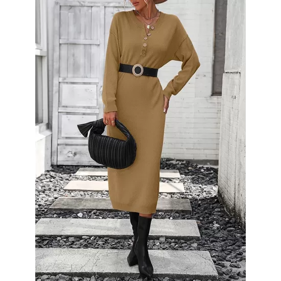 Buttoned Split-Joint Long Sleeves Loose Round-Neck Sweater Dresses Midi Dresses Buttoned Split-Joint Long Sleeves Loose Round-Neck Sweater Dresses Midi Dresses