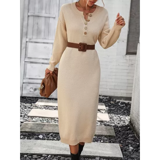 Buttoned Split-Joint Long Sleeves Loose Round-Neck Sweater Dresses Midi Dresses Buttoned Split-Joint Long Sleeves Loose Round-Neck Sweater Dresses Midi Dresses