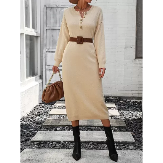 Buttoned Split-Joint Long Sleeves Loose Round-Neck Sweater Dresses Midi Dresses Buttoned Split-Joint Long Sleeves Loose Round-Neck Sweater Dresses Midi Dresses