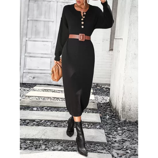 Buttoned Split-Joint Long Sleeves Loose Round-Neck Sweater Dresses Midi Dresses Buttoned Split-Joint Long Sleeves Loose Round-Neck Sweater Dresses Midi Dresses