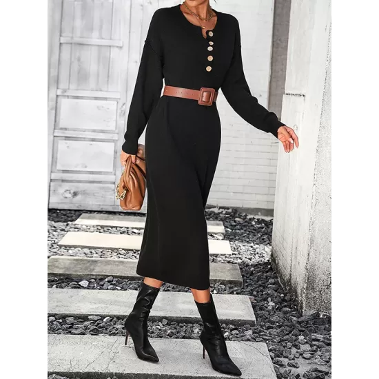 Buttoned Split-Joint Long Sleeves Loose Round-Neck Sweater Dresses Midi Dresses Buttoned Split-Joint Long Sleeves Loose Round-Neck Sweater Dresses Midi Dresses