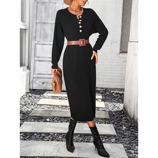 Buttoned Split-Joint Long Sleeves Loose Round-Neck Sweater Dresses Midi Dresses Buttoned Split-Joint Long Sleeves Loose Round-Neck Sweater Dresses Midi Dresses