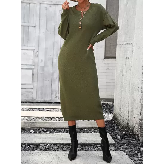Buttoned Split-Joint Long Sleeves Loose Round-Neck Sweater Dresses Midi Dresses Buttoned Split-Joint Long Sleeves Loose Round-Neck Sweater Dresses Midi Dresses