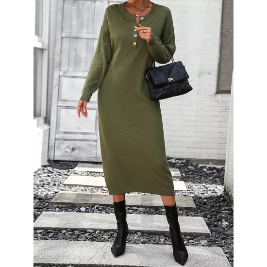 Buttoned Split-Joint Long Sleeves Loose Round-Neck Sweater Dresses Midi Dresses Buttoned Split-Joint Long Sleeves Loose Round-Neck Sweater Dresses Midi Dresses