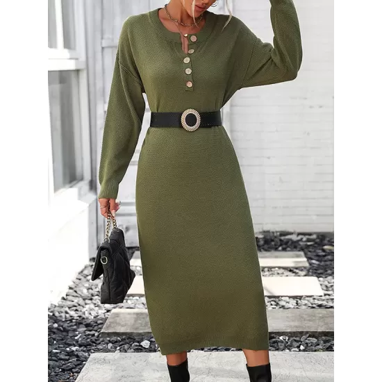 Buttoned Split-Joint Long Sleeves Loose Round-Neck Sweater Dresses Midi Dresses Buttoned Split-Joint Long Sleeves Loose Round-Neck Sweater Dresses Midi Dresses