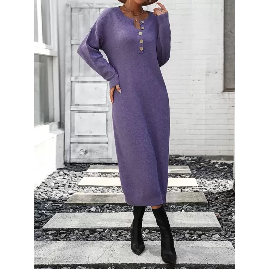 Buttoned Split-Joint Long Sleeves Loose Round-Neck Sweater Dresses Midi Dresses Buttoned Split-Joint Long Sleeves Loose Round-Neck Sweater Dresses Midi Dresses