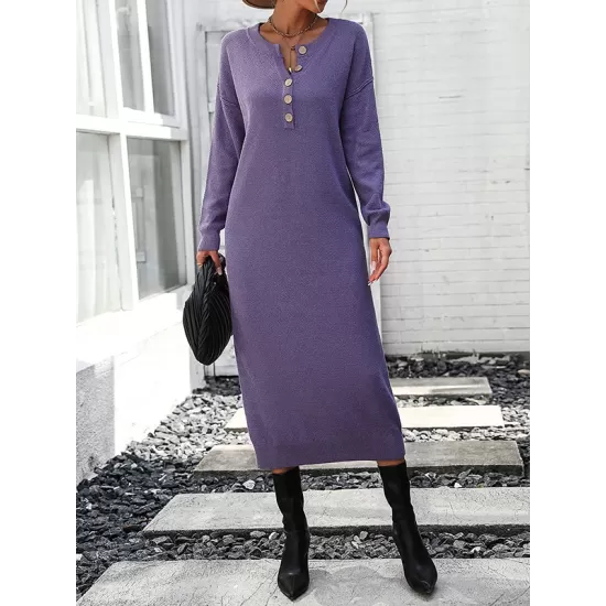 Buttoned Split-Joint Long Sleeves Loose Round-Neck Sweater Dresses Midi Dresses Buttoned Split-Joint Long Sleeves Loose Round-Neck Sweater Dresses Midi Dresses