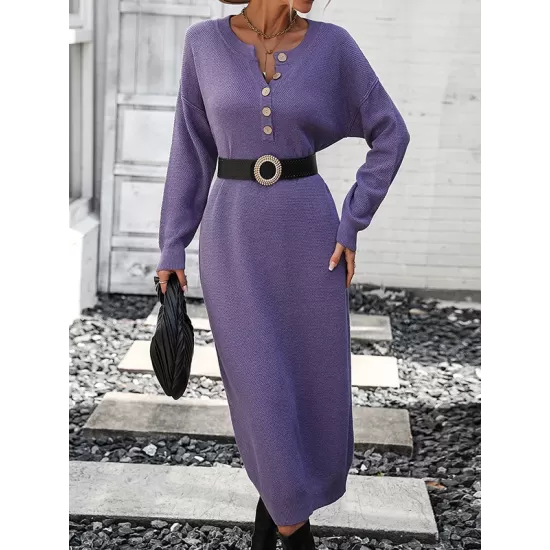 Buttoned Split-Joint Long Sleeves Loose Round-Neck Sweater Dresses Midi Dresses Buttoned Split-Joint Long Sleeves Loose Round-Neck Sweater Dresses Midi Dresses