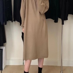 Solid Color Long Sleeves Loose V-Neck Sweater Dresses Midi Dresses