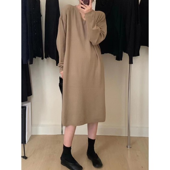 Solid Color Long Sleeves Loose V-Neck Sweater Dresses Midi Dresses Solid Color Long Sleeves Loose V-Neck Sweater Dresses Midi Dresses