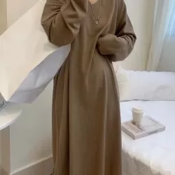 Solid Color Long Sleeves Loose V-Neck Sweater Dresses Midi Dresses