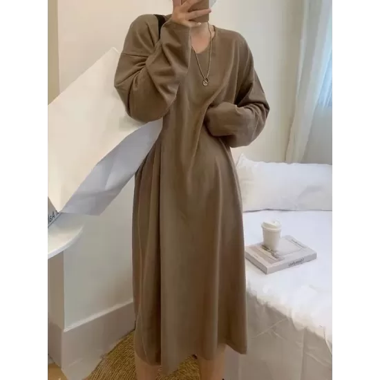 Solid Color Long Sleeves Loose V-Neck Sweater Dresses Midi Dresses Solid Color Long Sleeves Loose V-Neck Sweater Dresses Midi Dresses