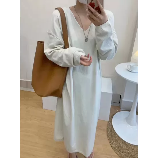 Solid Color Long Sleeves Loose V-Neck Sweater Dresses Midi Dresses Solid Color Long Sleeves Loose V-Neck Sweater Dresses Midi Dresses