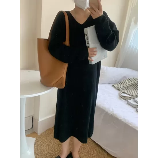 Solid Color Long Sleeves Loose V-Neck Sweater Dresses Midi Dresses Solid Color Long Sleeves Loose V-Neck Sweater Dresses Midi Dresses