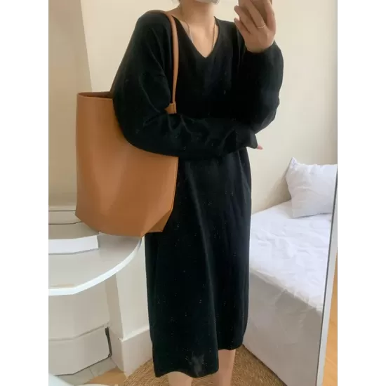 Solid Color Long Sleeves Loose V-Neck Sweater Dresses Midi Dresses Solid Color Long Sleeves Loose V-Neck Sweater Dresses Midi Dresses