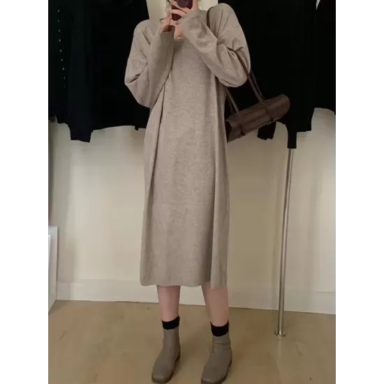 Solid Color Long Sleeves Loose V-Neck Sweater Dresses Midi Dresses Solid Color Long Sleeves Loose V-Neck Sweater Dresses Midi Dresses