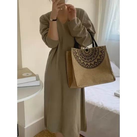 Solid Color Long Sleeves Loose V-Neck Sweater Dresses Midi Dresses Solid Color Long Sleeves Loose V-Neck Sweater Dresses Midi Dresses