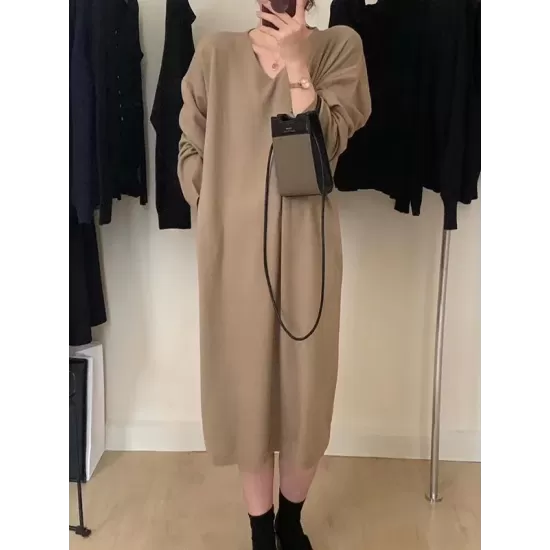 Solid Color Long Sleeves Loose V-Neck Sweater Dresses Midi Dresses Solid Color Long Sleeves Loose V-Neck Sweater Dresses Midi Dresses
