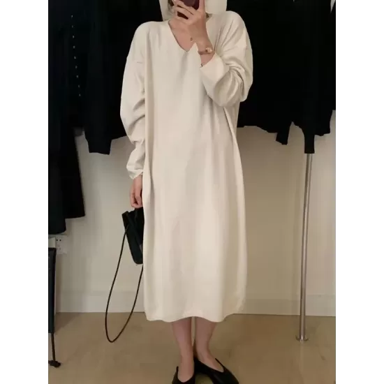 Solid Color Long Sleeves Loose V-Neck Sweater Dresses Midi Dresses Solid Color Long Sleeves Loose V-Neck Sweater Dresses Midi Dresses