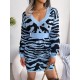 Split-Joint Tiger Skin Pattern High Waisted Long Sleeves V-Neck Sweater Dresses Mini Dresses Split-Joint Tiger Skin Pattern High Waisted Long Sleeves V-Neck Sweater Dresses Mini Dresses