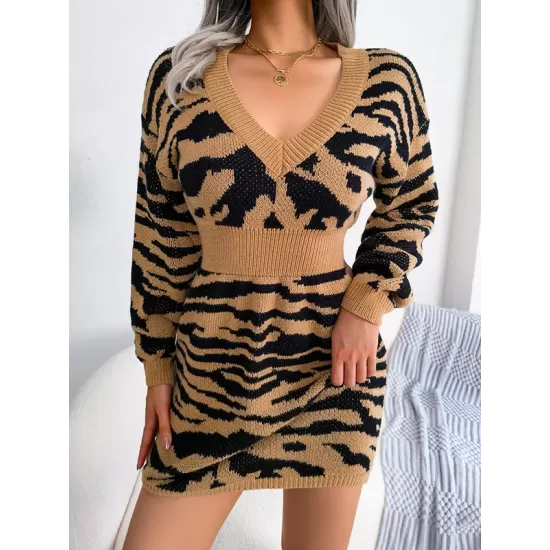 Split-Joint Tiger Skin Pattern High Waisted Long Sleeves V-Neck Sweater Dresses Mini Dresses Split-Joint Tiger Skin Pattern High Waisted Long Sleeves V-Neck Sweater Dresses Mini Dresses