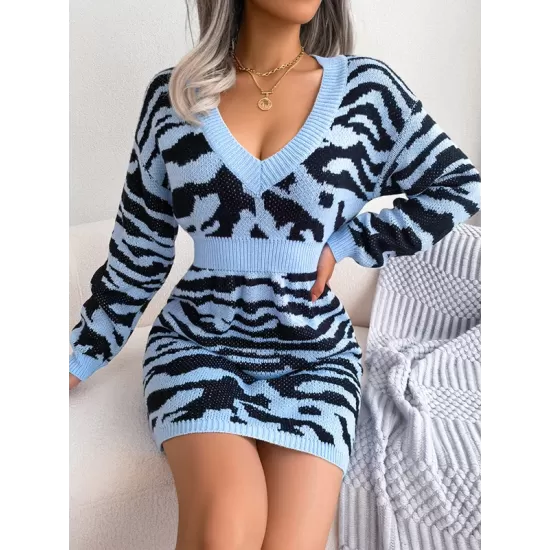 Split-Joint Tiger Skin Pattern High Waisted Long Sleeves V-Neck Sweater Dresses Mini Dresses Split-Joint Tiger Skin Pattern High Waisted Long Sleeves V-Neck Sweater Dresses Mini Dresses