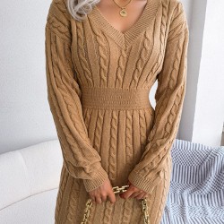 Solid Color High Waisted Long Sleeves V-Neck Sweater Dresses Mini Dresses