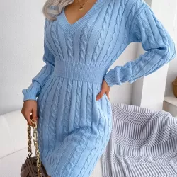 Solid Color High Waisted Long Sleeves V-Neck Sweater Dresses Mini Dresses