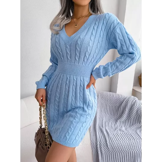 Solid Color High Waisted Long Sleeves V-Neck Sweater Dresses Mini Dresses Solid Color High Waisted Long Sleeves V-Neck Sweater Dresses Mini Dresses