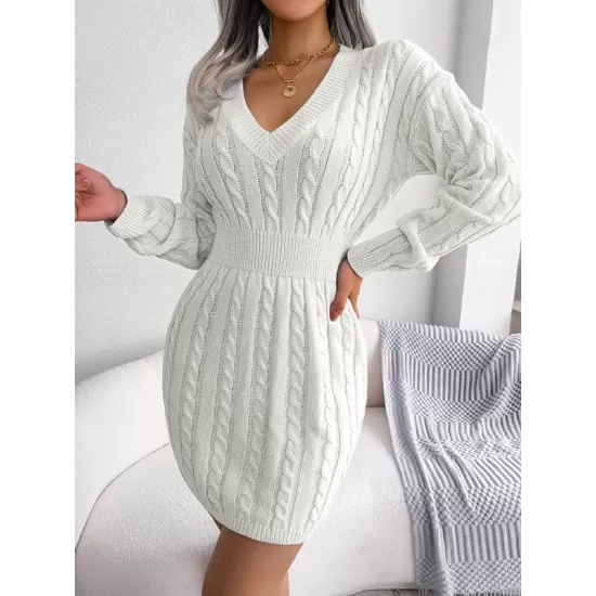 Solid Color High Waisted Long Sleeves V-Neck Sweater Dresses Mini Dresses Solid Color High Waisted Long Sleeves V-Neck Sweater Dresses Mini Dresses