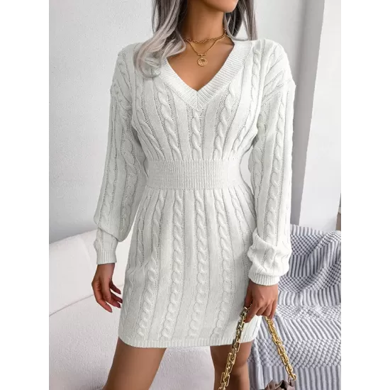 Solid Color High Waisted Long Sleeves V-Neck Sweater Dresses Mini Dresses Solid Color High Waisted Long Sleeves V-Neck Sweater Dresses Mini Dresses