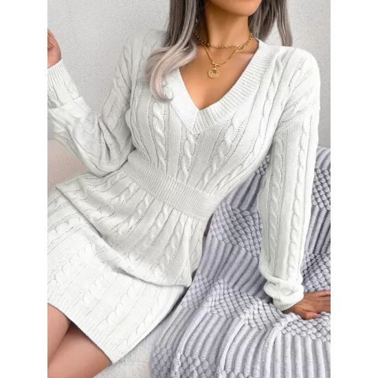 Solid Color High Waisted Long Sleeves V-Neck Sweater Dresses Mini Dresses Solid Color High Waisted Long Sleeves V-Neck Sweater Dresses Mini Dresses