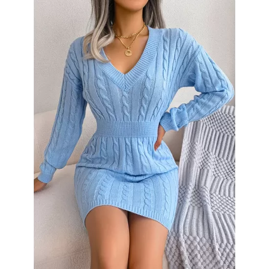 Solid Color High Waisted Long Sleeves V-Neck Sweater Dresses Mini Dresses Solid Color High Waisted Long Sleeves V-Neck Sweater Dresses Mini Dresses