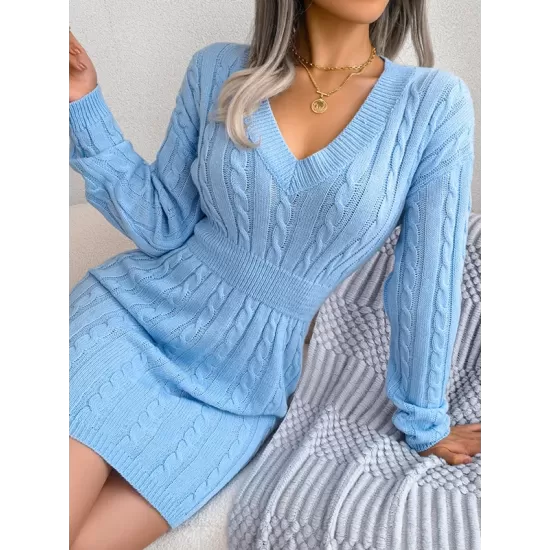 Solid Color High Waisted Long Sleeves V-Neck Sweater Dresses Mini Dresses Solid Color High Waisted Long Sleeves V-Neck Sweater Dresses Mini Dresses
