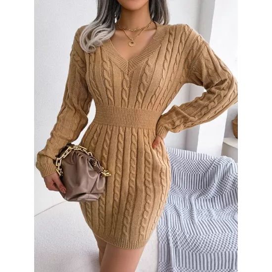 Solid Color High Waisted Long Sleeves V-Neck Sweater Dresses Mini Dresses Solid Color High Waisted Long Sleeves V-Neck Sweater Dresses Mini Dresses