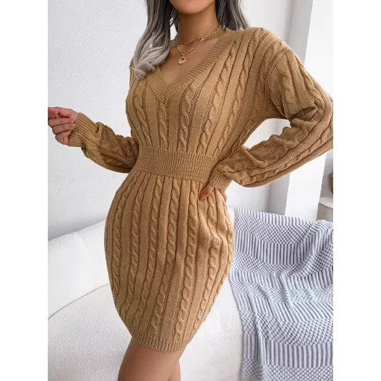 Solid Color High Waisted Long Sleeves V-Neck Sweater Dresses Mini Dresses Solid Color High Waisted Long Sleeves V-Neck Sweater Dresses Mini Dresses