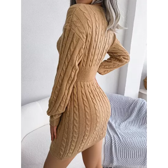 Solid Color High Waisted Long Sleeves V-Neck Sweater Dresses Mini Dresses Solid Color High Waisted Long Sleeves V-Neck Sweater Dresses Mini Dresses