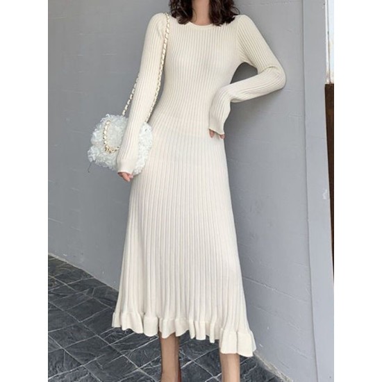 Ruffled Solid Color Long Sleeves Loose Round-Neck Sweater Dresses Midi Dresses Ruffled Solid Color Long Sleeves Loose Round-Neck Sweater Dresses Midi Dresses
