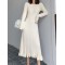 Ruffled Solid Color Long Sleeves Loose Round-Neck Sweater Dresses Midi Dresses