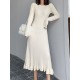 Ruffled Solid Color Long Sleeves Loose Round-Neck Sweater Dresses Midi Dresses Ruffled Solid Color Long Sleeves Loose Round-Neck Sweater Dresses Midi Dresses