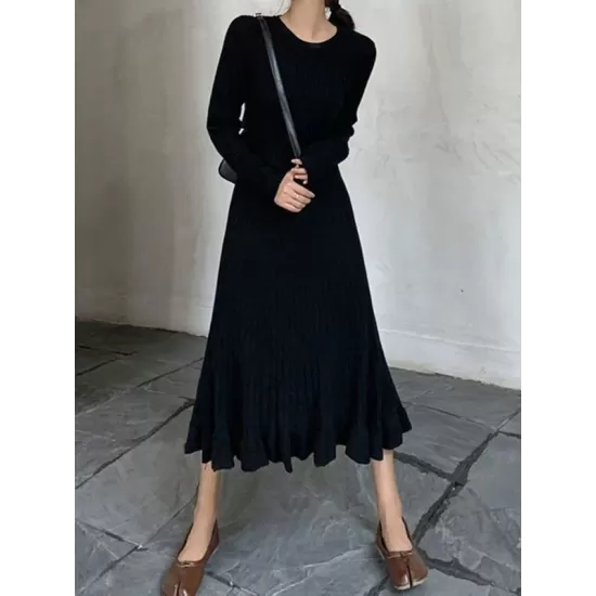 Ruffled Solid Color Long Sleeves Loose Round-Neck Sweater Dresses Midi Dresses Ruffled Solid Color Long Sleeves Loose Round-Neck Sweater Dresses Midi Dresses