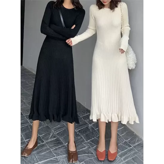 Ruffled Solid Color Long Sleeves Loose Round-Neck Sweater Dresses Midi Dresses Ruffled Solid Color Long Sleeves Loose Round-Neck Sweater Dresses Midi Dresses