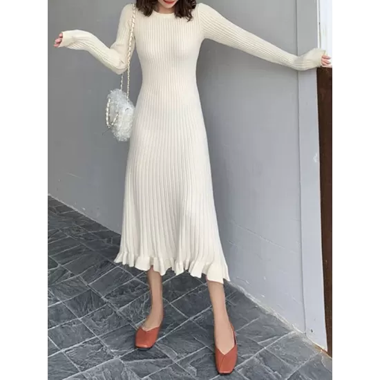 Ruffled Solid Color Long Sleeves Loose Round-Neck Sweater Dresses Midi Dresses Ruffled Solid Color Long Sleeves Loose Round-Neck Sweater Dresses Midi Dresses