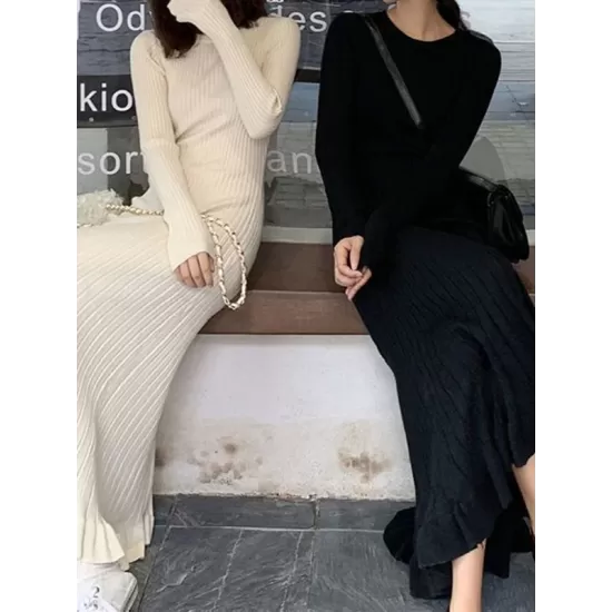 Ruffled Solid Color Long Sleeves Loose Round-Neck Sweater Dresses Midi Dresses Ruffled Solid Color Long Sleeves Loose Round-Neck Sweater Dresses Midi Dresses